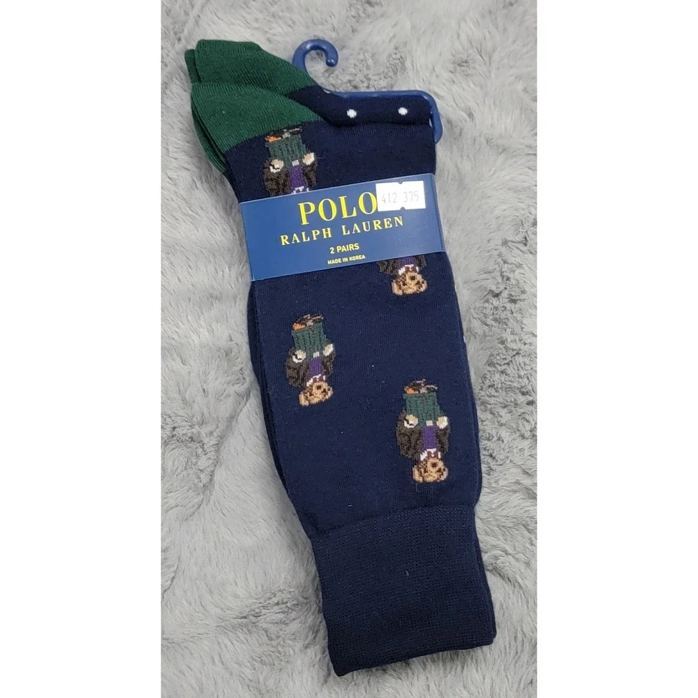 Polo Ralph Lauren Socks Mens 10-13 Navy Preppy Ivy Style Bear Polka Dot 2 Pairs